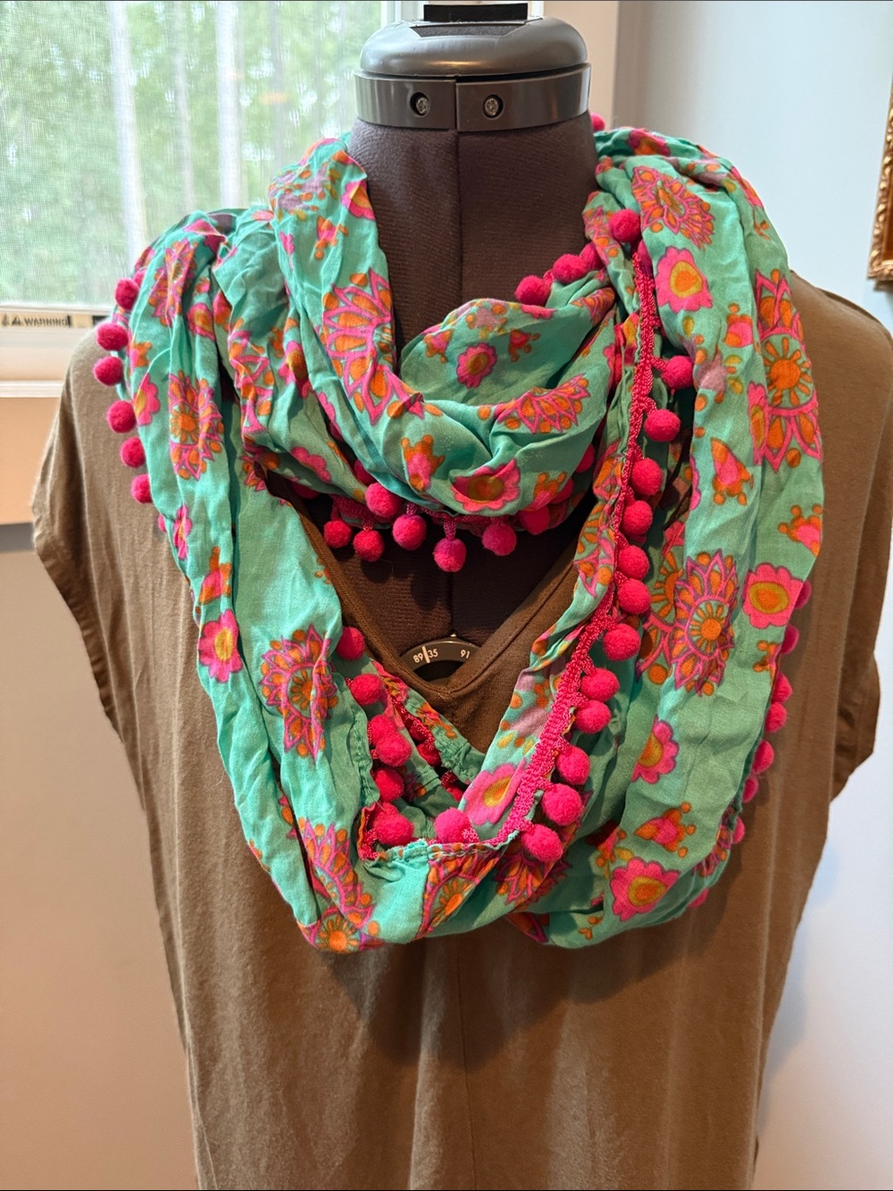 Natural Life Turquoise and Hot Pink Floral Infinity Scarf with Pom Trim